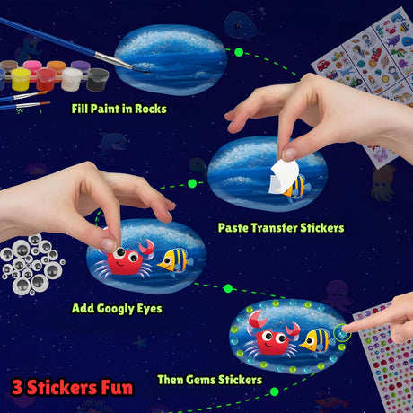 Rock Painting Kit for Kids 6-12 - Glow in The Dark Rock Painting Crafts Set, Arts and Crafts for kids ages 8-12, Stencils for Painting, Water Coloring book for 6, 7, 8, 9, 10, 11, 12 Year Old Kids PAINTIGO