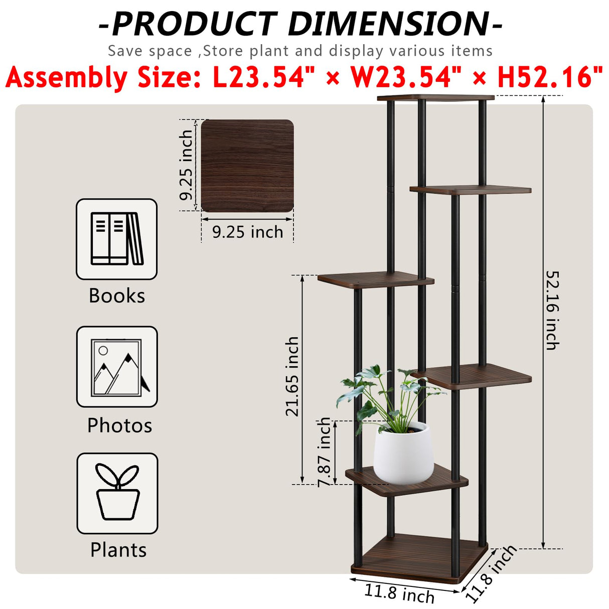 AZERPIAN Plant Stand 6 Tier Indoor Metal Flower Shelf for Multiple Plants Corner Tall Flower Holders for Patio Garden Living Room Balcony Bedroom, Black Oak AZERPIAN