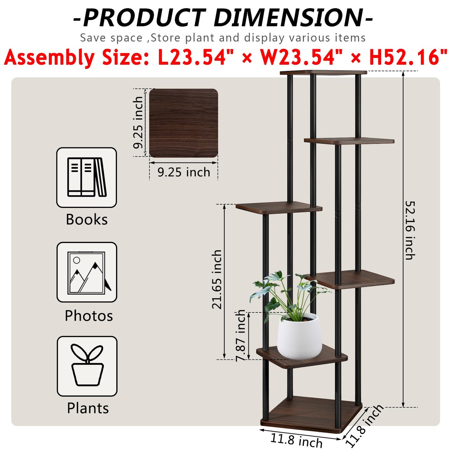 AZERPIAN Plant Stand 6 Tier Indoor Metal Flower Shelf for Multiple Plants Corner Tall Flower Holders for Patio Garden Living Room Balcony Bedroom, Black Oak - WoodArtSupply