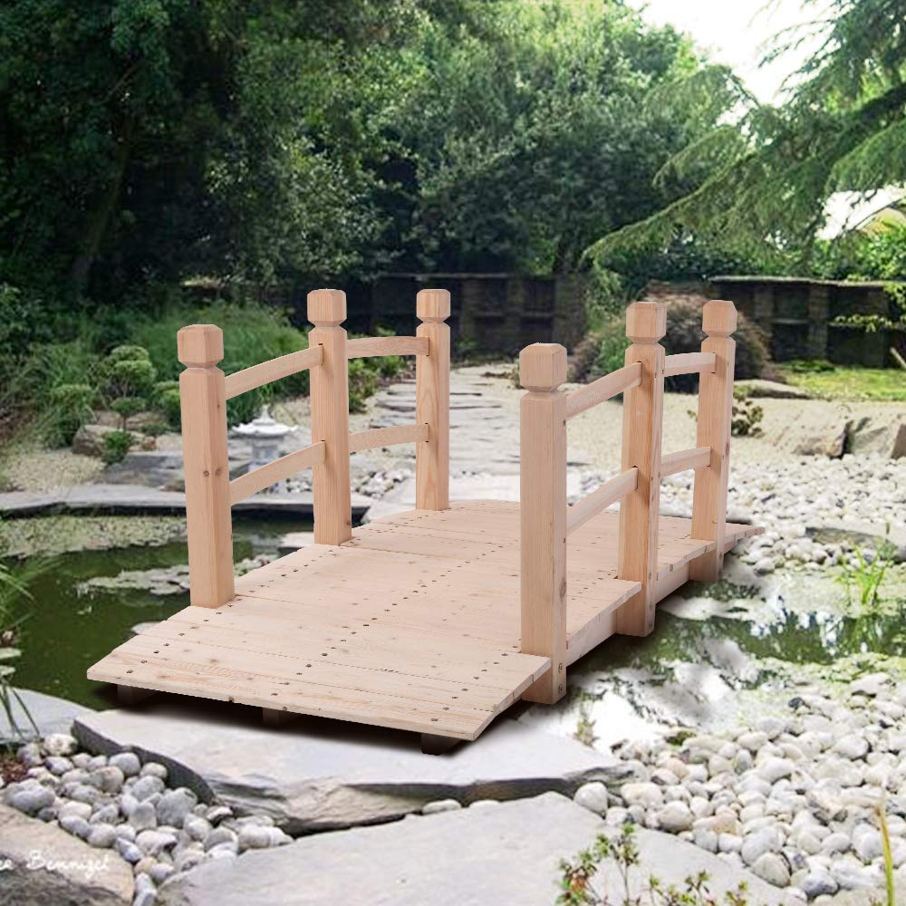 5ft Wooden Garden Bridge Little Bridge Yard Walkway Footbridge Decorative Backyard Bridge with Safety Railings Outdoor Lawn Bridge Walkway for Garden Yard Patio Courtyard Decorative Pond Landscaping WoodArtSupply