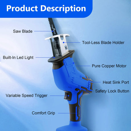 Reciprocating Saw Compatible with 18V Battery,Cordless Reciprocating Saw,0-3500SPM Variable Speed, 4 Saw Blades/Protective Glasses/Mitten Kit for Wood/Metal/PVC Cutting（Battery not included） Mudite