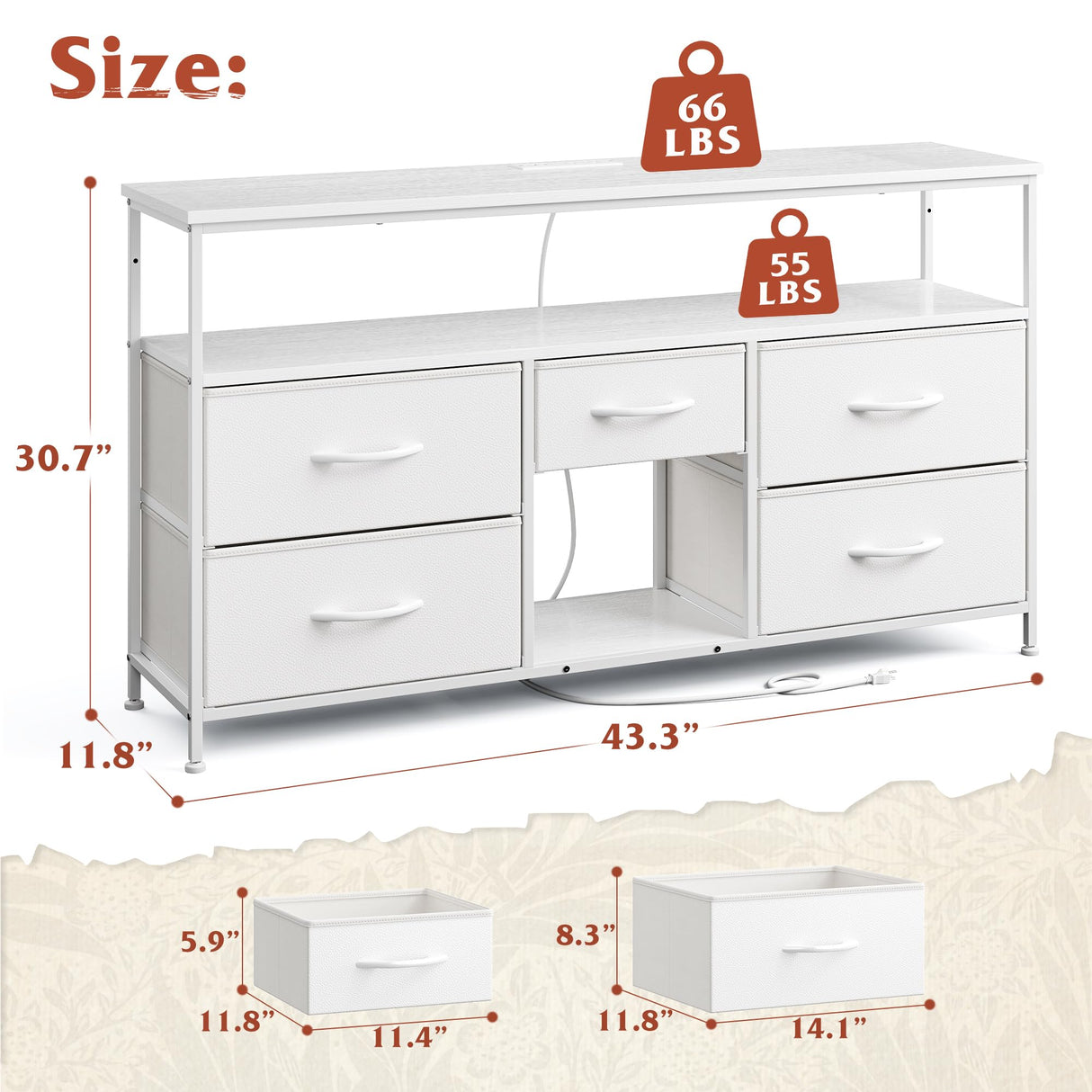TV Stand Dresser with LED Lights & Power Outlets, Entertainment Center for 50" Inch TV, 5 Drawers TV Stand for Bedroom Dresser with Shelves for Living Room, Sturdy Metal Frame, White EnHomee