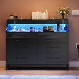 DWVO 6 Drawer Dressers with LED Light, Dresser & Chests of Drawers with Charging Station, Modern Dresser with Open Shelf Storage for Room, Entryway, Hallway, Black DWVO