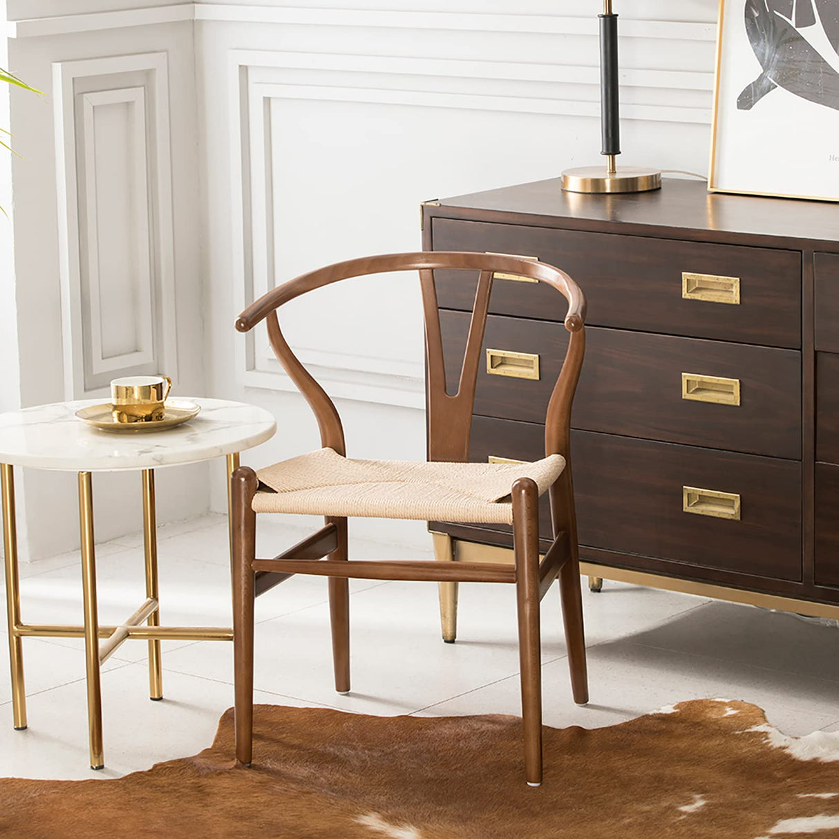 Polynices Wishbone Chair, Weave Solid Wood Mid-Century Modern Y Shaped Backrest Dining Chair (Walnut Set of 2) Polynices