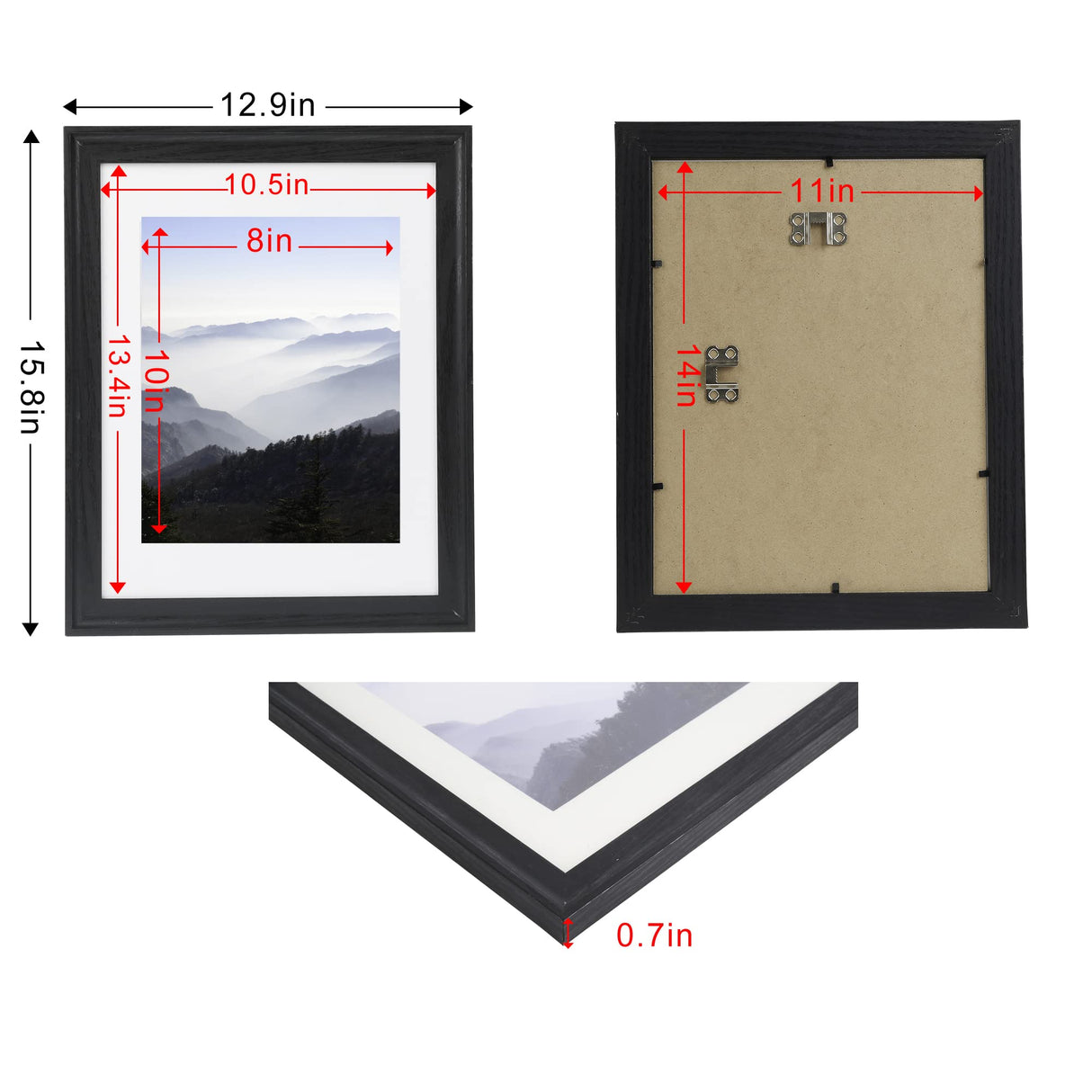 11x14 Wood Picture Frame Back, Display Pictures 8x10 with Mat or 11x14 Without Mat, Arc Ultra Edge Wooden Poster Picture Frames,11x14,Wood,Black,1 Pack Medog