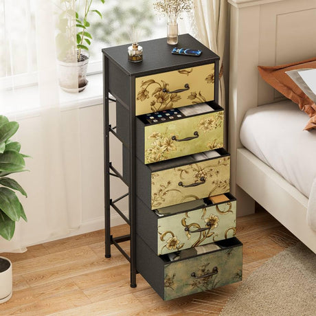 Furnulem Vertical Dresser for Bedroom, Tall Skinny Storage Tower with 5 Fabric Drawers, Chest of Drawers for Living Room, Dorm, Entryway, Vintage Furniture, Wood Top Furnulem
