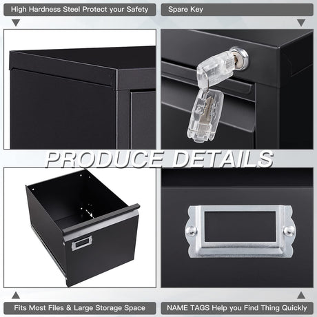 Yizosh 4 Drawer Black File Cabinet with Lock, Filing Cabinets for Home Office, Metal Locking Office File Storage Cabinets with Drawers, Vertical Small Filing Cabinet Organizer for Legal/A4 Yizosh