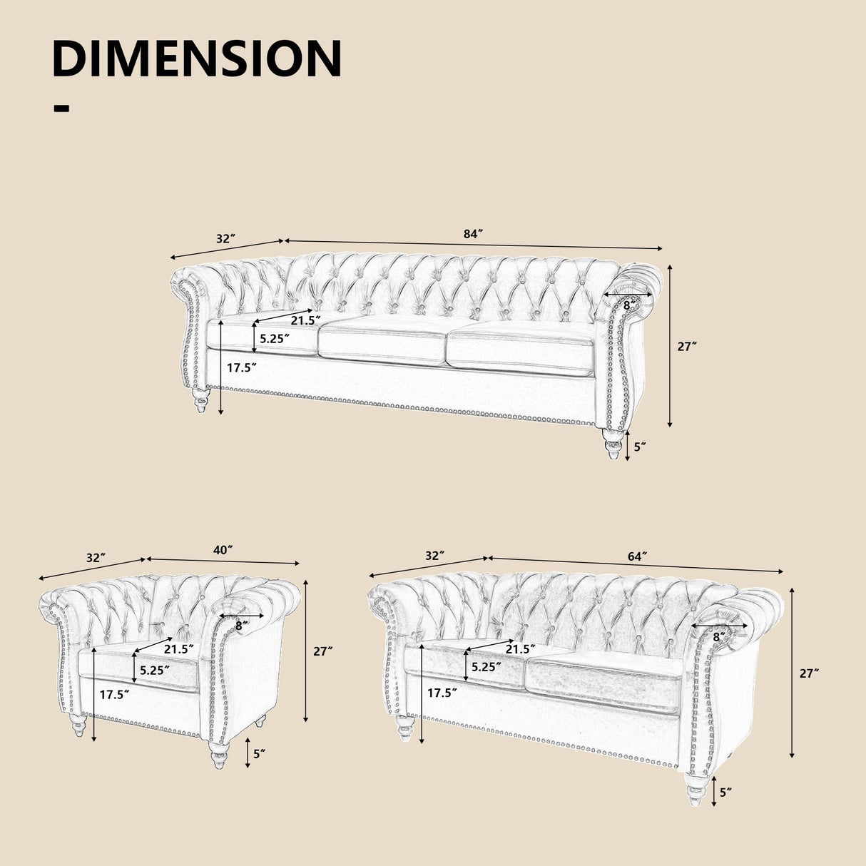 QHITTY 3 Piece Living Room Set, Sectional Chesterfield Sofa Chair Contemporary Upholstered Leather Loveseat Couch Sets for Living Room, Bedroom, Office QHITTY