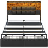 TIGUBFRE LED Bed Frame Queen Size with 2 Hidden Storage Drawers & Bookcase, PU Leather Headboard, Upholstered Platform Bed with Charging Station, Metal Slats Support, Noise Free, No Box Spring Needed TIGUBFRE