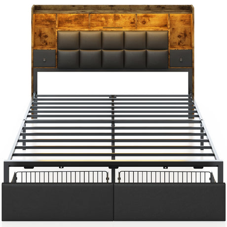 TIGUBFRE LED Bed Frame Queen Size with 2 Hidden Storage Drawers & Bookcase, PU Leather Headboard, Upholstered Platform Bed with Charging Station, Metal Slats Support, Noise Free, No Box Spring Needed TIGUBFRE