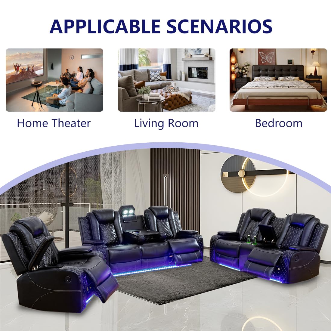 Anthato Black Leather Power Recliner Set with LED Lights, 3-Piece Recliner Sofa Loveseat Chair with Coffee Table/Storage/Charging Port, Modern Reclining Furniture for Living Room/Home Theater/Office Anthato