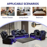 Anthato Black Leather Power Recliner Set with LED Lights, 3-Piece Recliner Sofa Loveseat Chair with Coffee Table/Storage/Charging Port, Modern Reclining Furniture for Living Room/Home Theater/Office Anthato