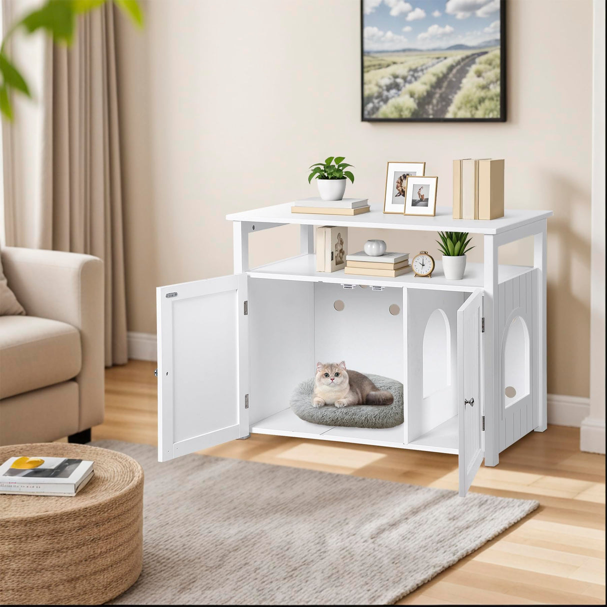 ZENY Cat Litter Box Enclosure, Cat Litter Box Furniture Hidden with Open Shelf, Wooden Cat Litter Cabinet with Divider, Indoor Cat Washroom Storage Bench, White ZENY