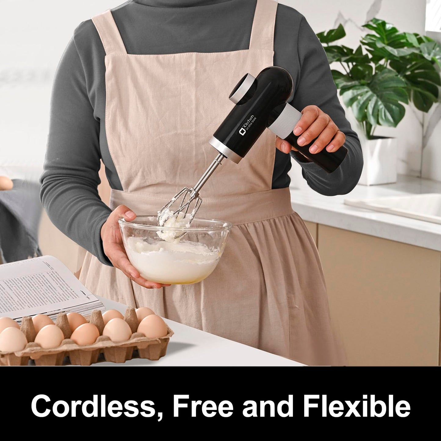 Kitchen in the box Cordless Rechargeable Handheld Mixer for Kitchen, Portable Electric Kitchen Mixer with Beaters, Whisks, 6-Speed Digital Display, Charging Base and USB-C Charge Cable (Classic Black)