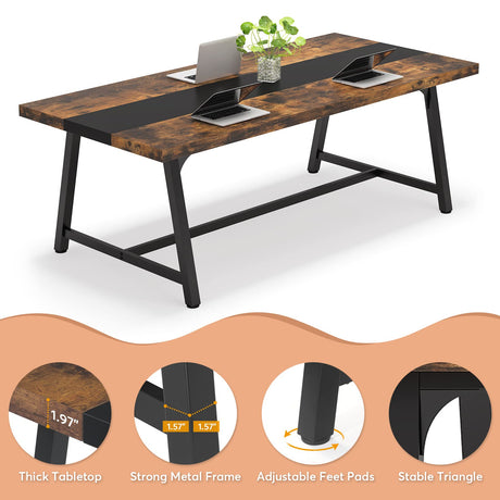 Tribesigns 6FT Rectangle Conference Table, 70.87L x 33.46W x 29.92H Inches Meeting Table for Conference Room, Vintage Wood Office Executive Desk with Strong Metal Frame for 6 People (Rustic Brown) Tribesigns