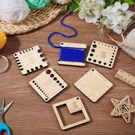 BENECREAT 6 Styles Wood Knitting Gauge Rulers, Square Crochet Hook and Yarn Wrap Guide Board Knitting Tool for Knitting Needle Spinners Yarn Measuring Crochet BENECREAT