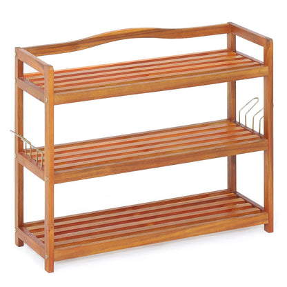 Giantex 3-Tier Shoe Rack, Acacia Wood Shoe Shelf with Side Metal Hooks, Holds up 12-18 Pairs, Shoe Organizer, Shoe Storage, Wooden Shoe Rack for Entryway - WoodArtSupply