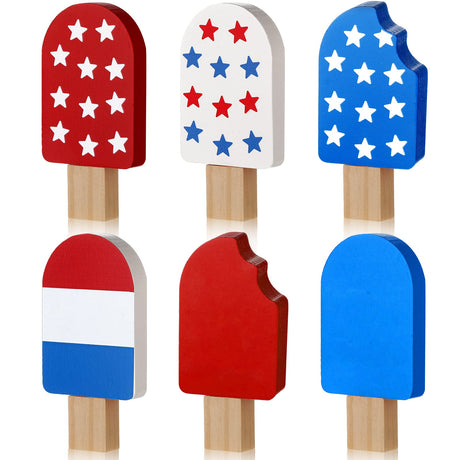 Jetec 6 Pcs 4th of July Tiered Tray Decor Patriotic Table Sign Memorial Day Table Decorations Wooden Ice Cream Decor for Home Independence Day Table Decorations for Tabletop Party Supplies Jetec