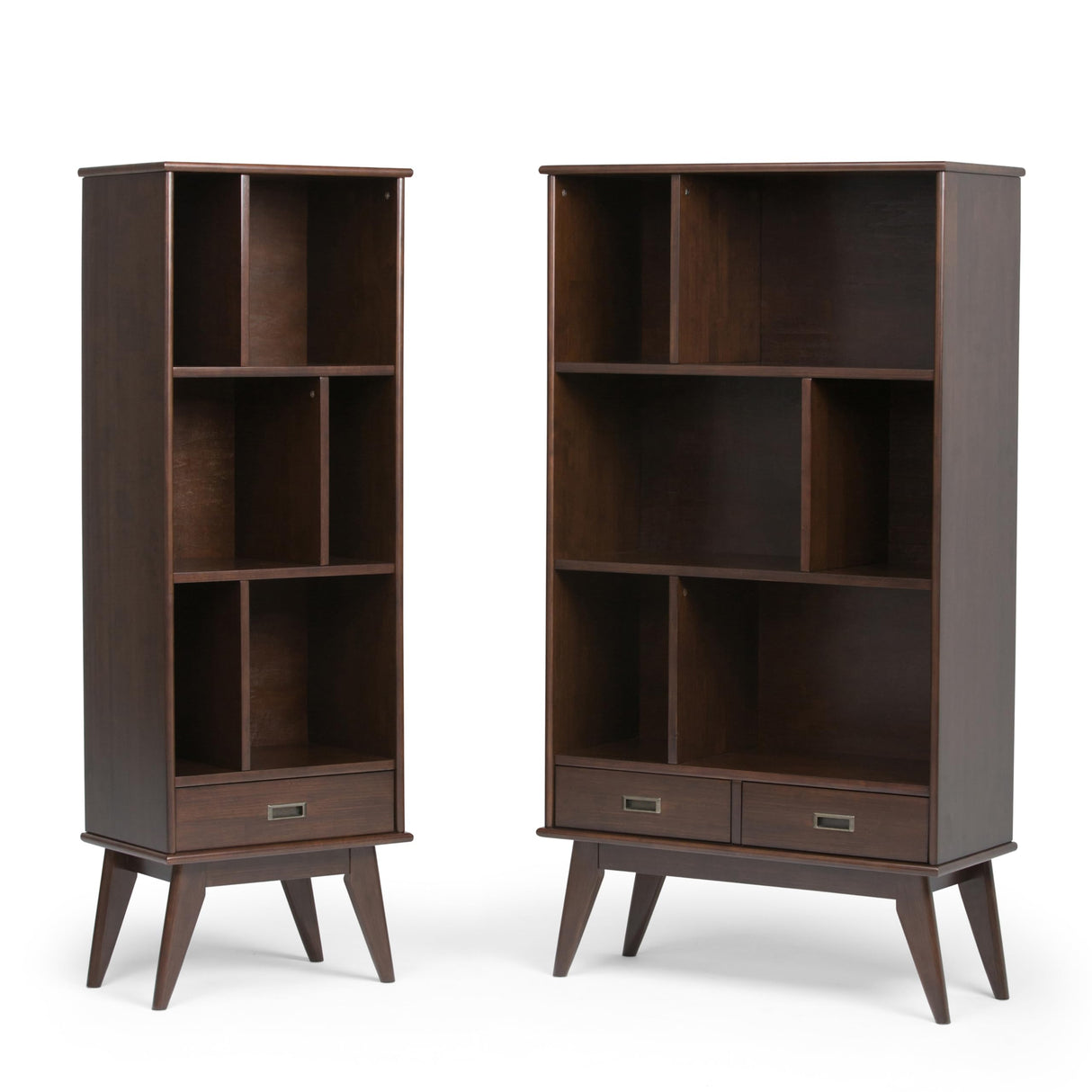 SIMPLIHOME Draper Bookcase - 64 inch Tall Solid Hardwood Wide Storage Bookshelf in Medium Auburn Brown, Mid-Century Modern Storage for Living Room or Office with Adjustable Shelves and Tapered Legs SIMPLIHOME