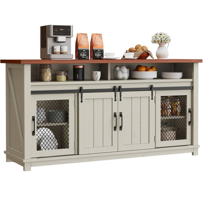 DWVO Farmhouse Sideboard Buffet Cabinet, 63" Coffee Bar Cabinet with 2 Sliding Barn Doors & 2 Visual Grid Doors, Rustic Storage Cabinet for Kitchen & Living Room, White - WoodArtSupply