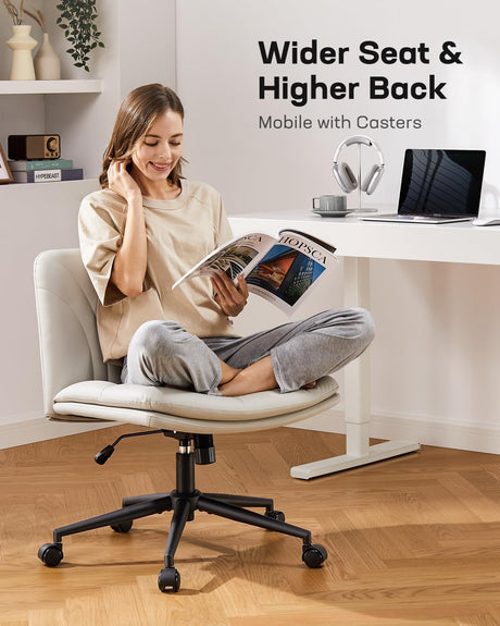 Marsail Armless-Office Desk Chair with Wheels: PU Leather Cross Legged Wide Chair,Comfortable Adjustable Swivel Computer Task Chairs for Home,Office,Make Up,Small Space,Bed Room(Light Beige) Marsail