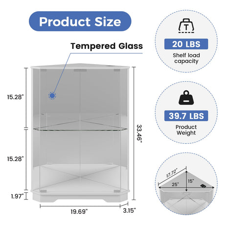 Dystler Corner Display Cabinet with Glass Doors, Small Display Case with 3-Color LED Lights and Charging Station, 2-Tier Curio Cabinet with Storage and Shelf for Living Room, White Dystler