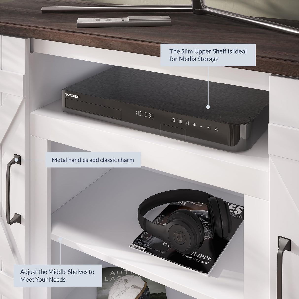 BELLEZE Industrial 47 Inch Rustic Wood TV Stand & Media Entertainment Center Console Table for TVs up to 50 Inch with Open Storage Shelves & Cabinets - Veropeso (White) BELLEZE