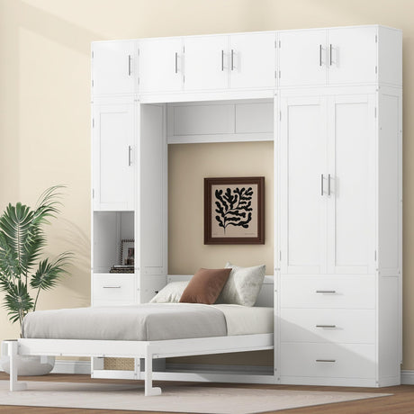 FAVSH Twin Size Murphy Bed with Lockers & Wardrobes, Solid Wood Wall Bed with Drawers, Space-Saving Hidden Bed, Fold-The-Way Bed Included Installation Video,White FAVSH