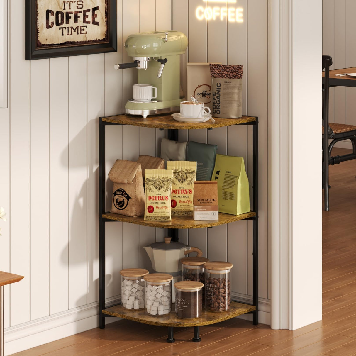 keomaisyto Coffee Bar Cabinet, 3-Tier Corner Coffee Stand with Storage Shelf & 16.34" Countertop, Rustic Wood Coffee Bar Station with Adjustable Feet for Kitchen/Entrance/Living Room/Dining Room keomaisyto
