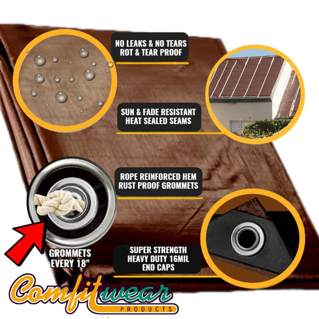 COMFITWEAR 16 MIL Heavy Duty Tarp Super Heavy Duty Tarp Cover 16 MIL Multi-Purpose Extra Heavy Duty Tarps Car Tarp Boat Tarp Camping Tarp General Purpose Waterproof Tarp Cover (20' X 40', Brown) COMFITWEAR