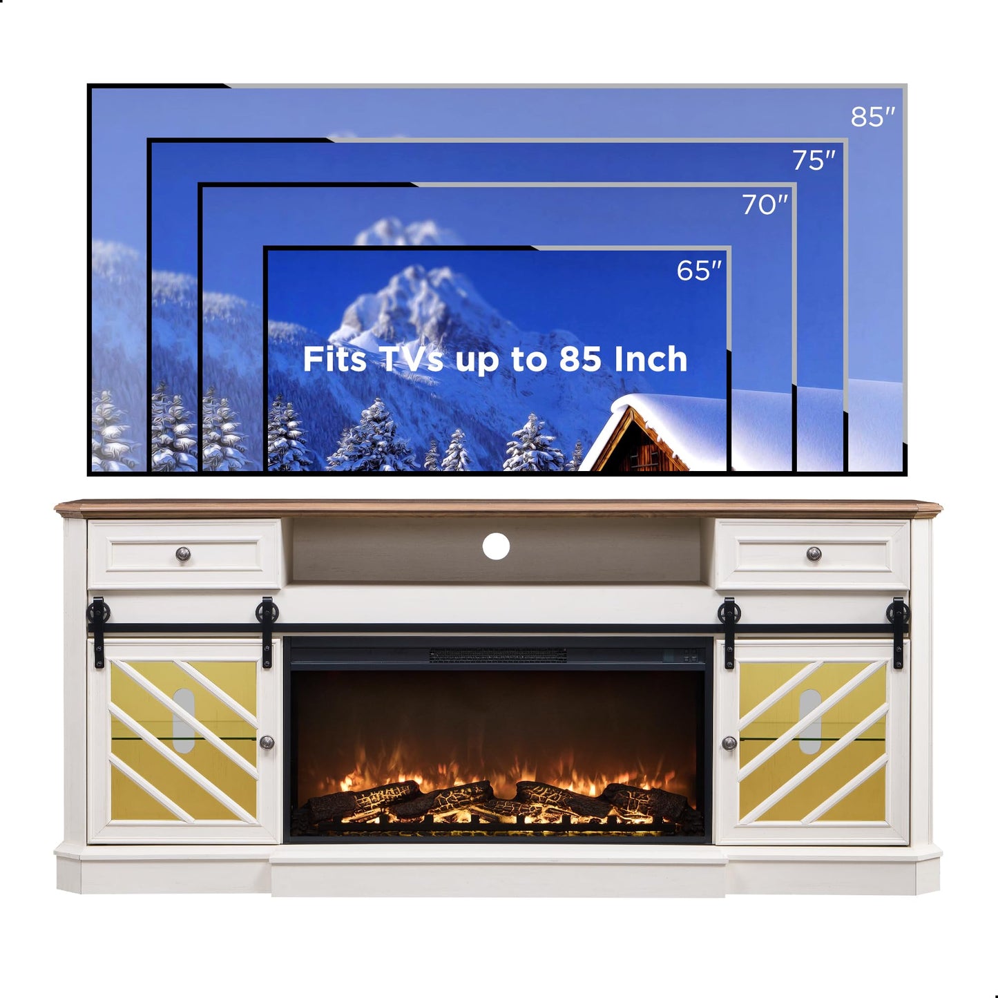 RedLemon Farmhouse Fireplace TV Stand for 85 Inch TV, 32” Tall Highboy Entertainment Center w/36” Electric Fireplace, Modern Media Console w/Drawers Storage for Living Room, Antique White