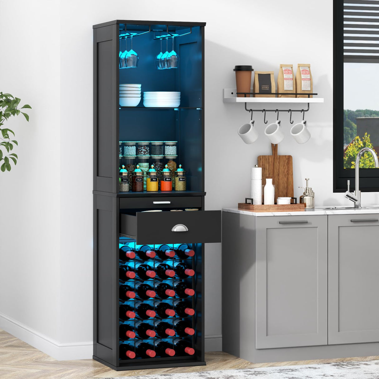 Loomie Wine Bar Cabinet with LED Lights, 65'' Tall Coffee Bar with 24 Wine Rack & Glass Holder, Freestanding Liquor Cabinet with Tray & Drawer & Adjustable Shelf (Black) Loomie