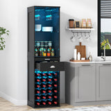 Loomie Wine Bar Cabinet with LED Lights, 65'' Tall Coffee Bar with 24 Wine Rack & Glass Holder, Freestanding Liquor Cabinet with Tray & Drawer & Adjustable Shelf (Black) Loomie