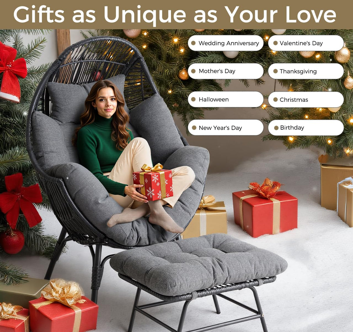 IRONCK Wicker Outdoor Egg Chair with Ottoman, Patio Lounge Chair with Footrest, Thickened Padded Cushion and Headrest, Egg Seat for Patio, Living Room, Garden, Balcony, Dark Gray IRONCK