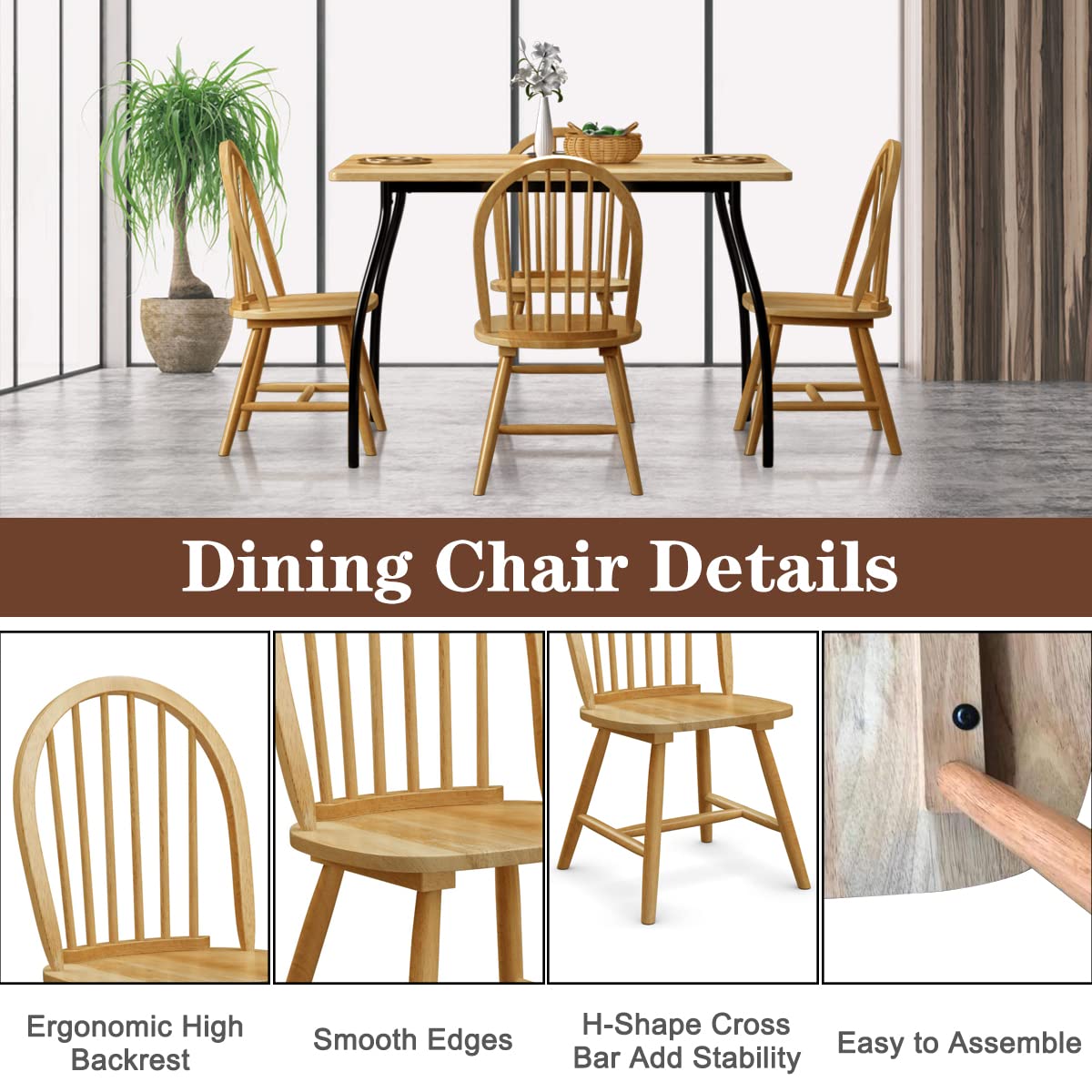 Giantex Wood Dining Chairs Set of 4, Windsor Chairs with Solid Wood Legs, High Spindle Back, H-Shaped Crossbars, Vintage Country Farmhouse Style Wooden Side Chairs - WoodArtSupply