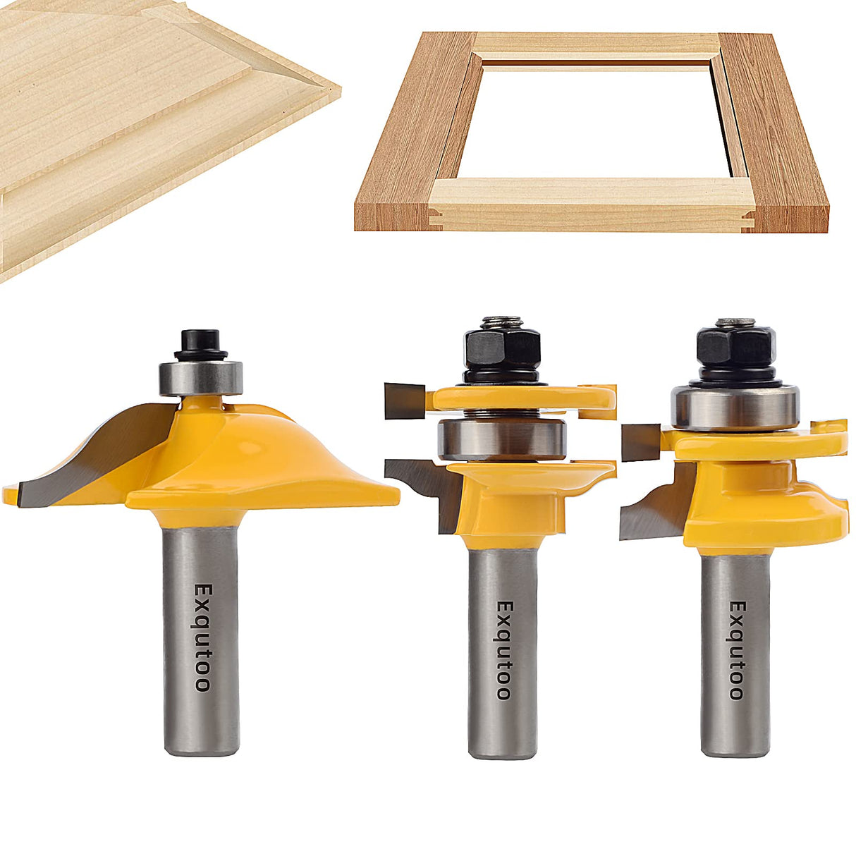Exqutoo 3PCS 1/2" Shank Router Bit Set, Raised Panel Cabinet Door Making Router Bits, Cemented Carbide Router Bits, Woodworking Tools Router Door & Window Bits (Tenon Joint Cutter Diameter: 1-5/8") Exqutoo