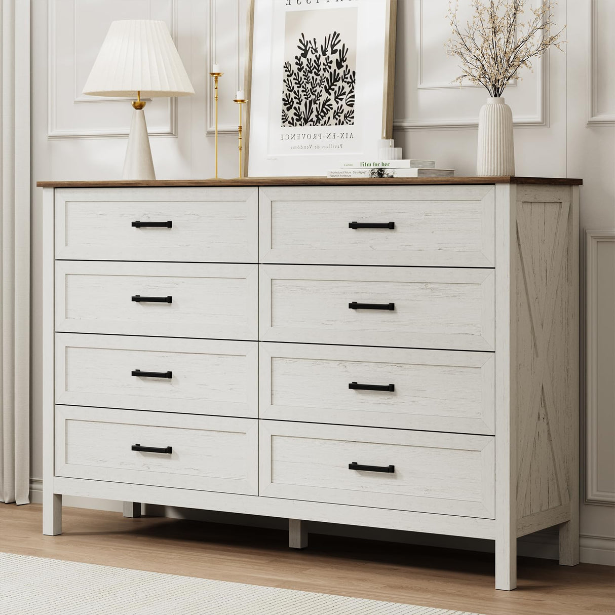 LYNSOM Farmhouse 8 Drawer Dresser for Bedroom, 55 Inch Wide Wood Rustic Chest of Drawers with X-Marking & Bar Handle, Large Storage Dressers Organizer for Bedroom, Living Room, Antique White LYNSOM