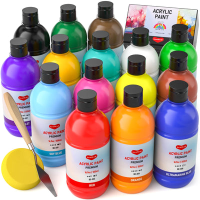 Smallbudi 15 Colors Large Acrylic Paint Set (16.9 oz,500 ml), Bulk Acrylic Paint Non-Toxic Art Painting Supplies on Multi Surface Canvas Wood Craft Fabric Rock for Artist Beginner with Color Wheel