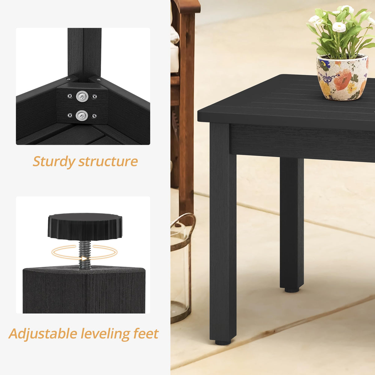 LUE BONA Outdoor Coffee Table Rectangle, HDPS Patio Coffee Tables for Outside, All Weather Patio Coffee Table with Slatted Tabletop for Deck, Garden, Balcony, Indoor or Outdoor Use, Black LUE BONA