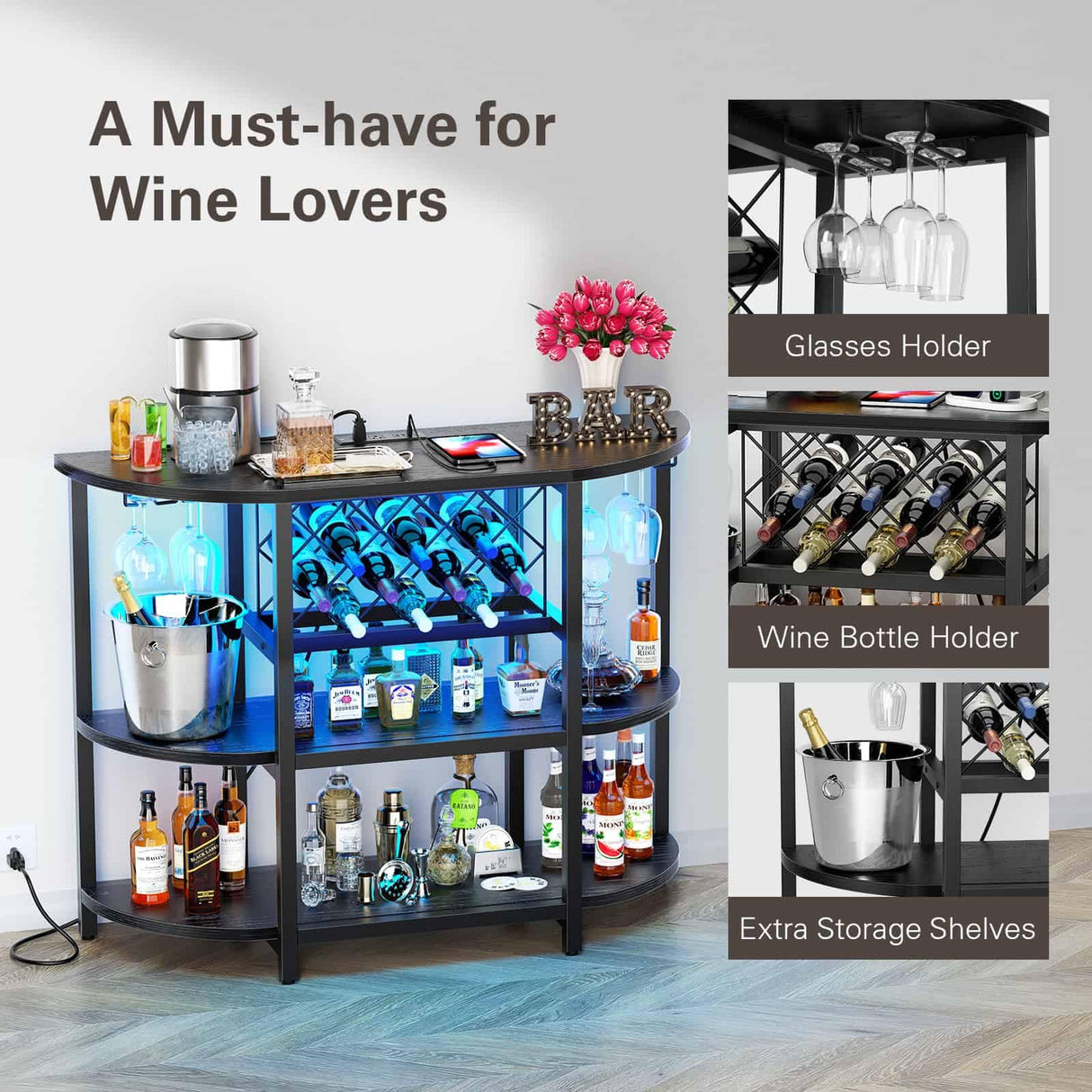 Zarler Bar Table Cabinet with Power Outlet, LED Home Mini Bar Cabinet for Liquor, Metal Wine Bar Stand with 4-Tier Storage, Easy to Assemble, Black Zarler