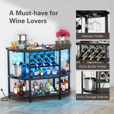 Zarler Bar Table Cabinet with Power Outlet, LED Home Mini Bar Cabinet for Liquor, Metal Wine Bar Stand with 4-Tier Storage, Easy to Assemble, Black Zarler