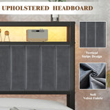 LUXOAK Full Bed Frame with LED Light and Charging Station, Velvet Upholstered Headboard with Storage Shelf, Heavy Duty Metal Slats/No Box Spring Needed/Easy Assembly, Grey LUXOAK