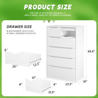 Greenvelly Tall White Dresser, 6 Drawer Dresser, Wood Dresser with 6 Large Drawers for Bedroom, Wooden Dressers & Chests of Drawers, Tall dresser with Smooth Metal Rail for Nursery, Women, Family