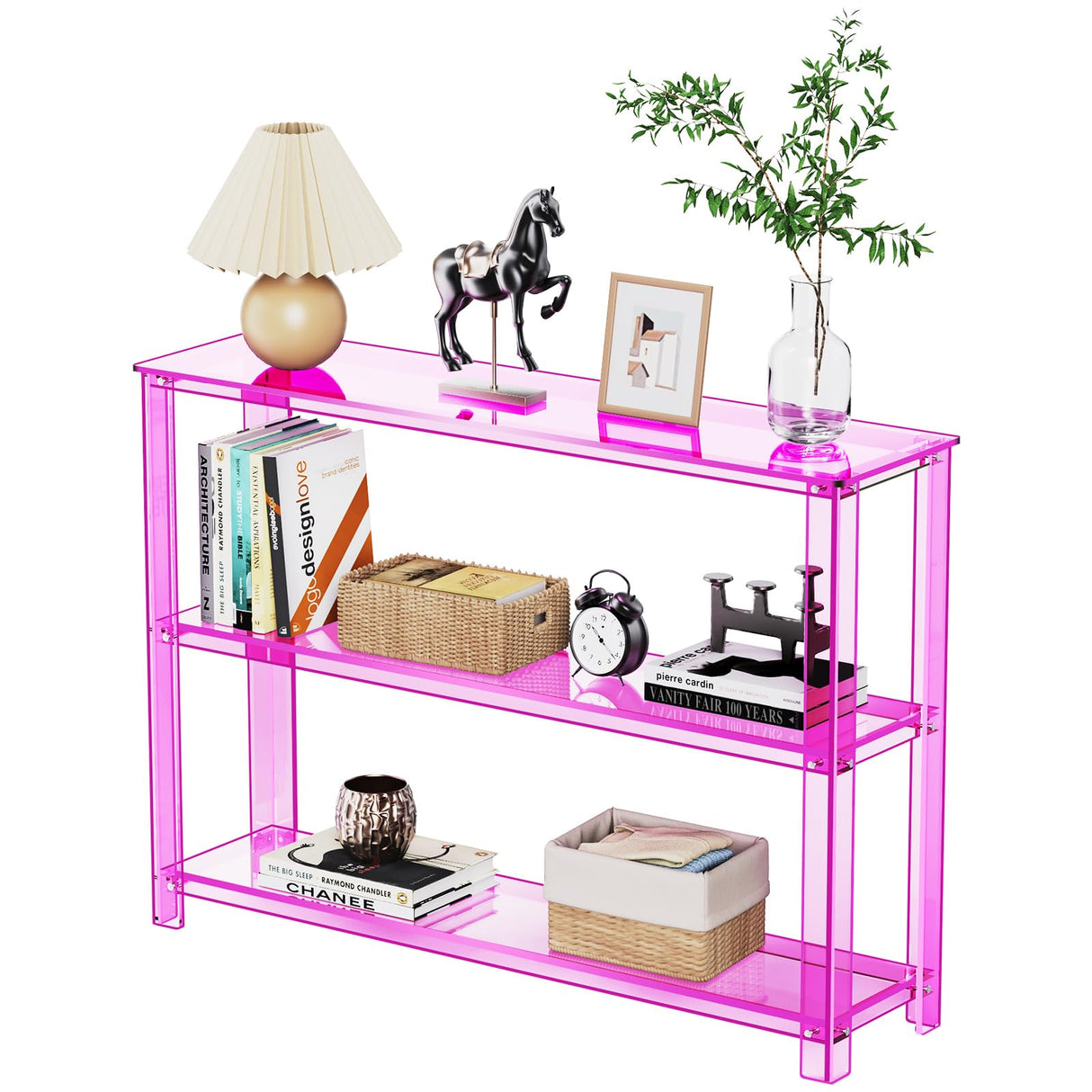 solaround Acrylic Console Table, 3 Tier Entryway Table with Storage Shelves (Pink) solaround