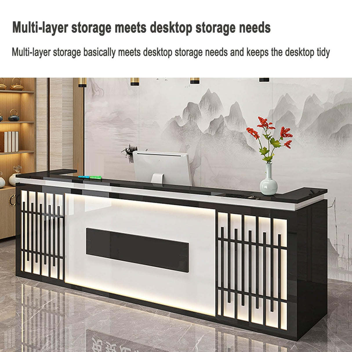 Retail reception counter with LED lights, reception desk for beauty salon, front desk reception counter with counter, wooden standing front desk for clothing store, company front desk, Coffee Shop.(B, FYRDTNG