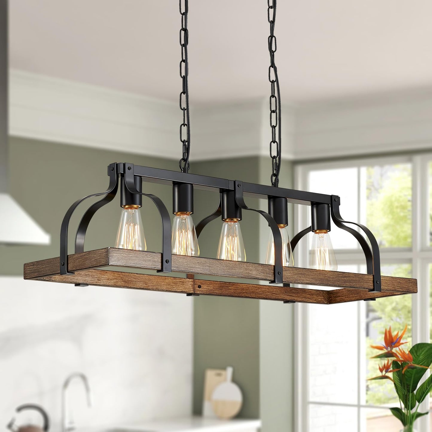 WUZUPS 5-Light Metal Chandelier Imitation Wood Grain Linear Pendant Ceiling Lighting Rustic Farmhouse Fixture Kitchen Island Dining Room, H 8.5" L 31.5" W10, E26 Base, Black & Retro Wood