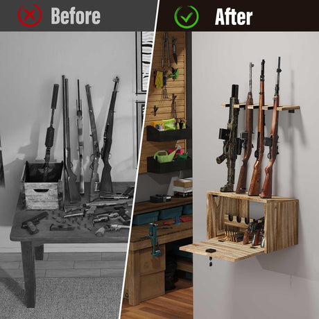 Emfogo Gun Rack Wall Mount, Wooden Rifle Racks with Gun Rack for Wall, Gun Display Racks for Indoor Firearms Storage, Holds up to 4 Long Guns and 6 Handguns, Gifts for Husband, Dad Emfogo