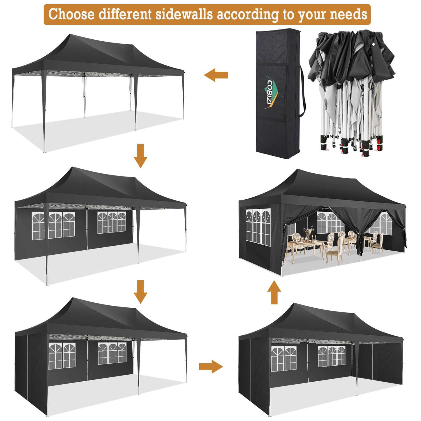 COBIZI Canopy 10x20 Pop Up Canopy 3.0, Commercial Tent with Sidewalls, Party Wedding Tents for Parties Pavilion UV50+&Waterproof Gazebos for Patio Outdoor Party Events, Black(Frame Upgraded)