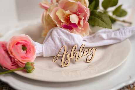 Customized Wooden Name Tags for Place Setting, Personalized Place Cards for Weddings, Bridal Showers and Events, Cursive Laser Cut Seating Cards Generic