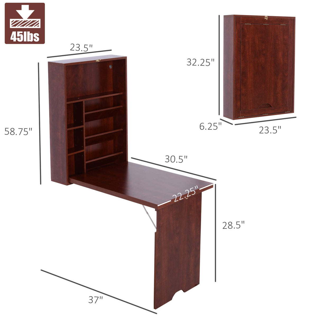 HOMCOM Wall Mounted Desk, Fold Out Convertible Desk, Multi-Function Computer Table Floating Desk with Shelves for Home Office, Mahogany HOMCOM
